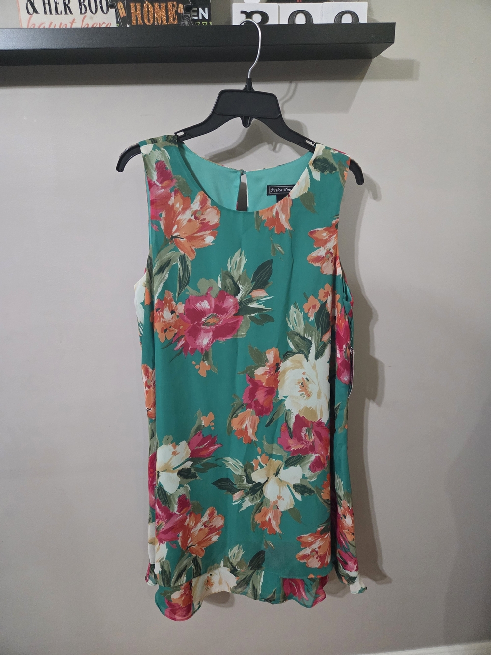 Jessica Howard Teal Floral Sleeveless Shift Dress with Pink and Cream Accents